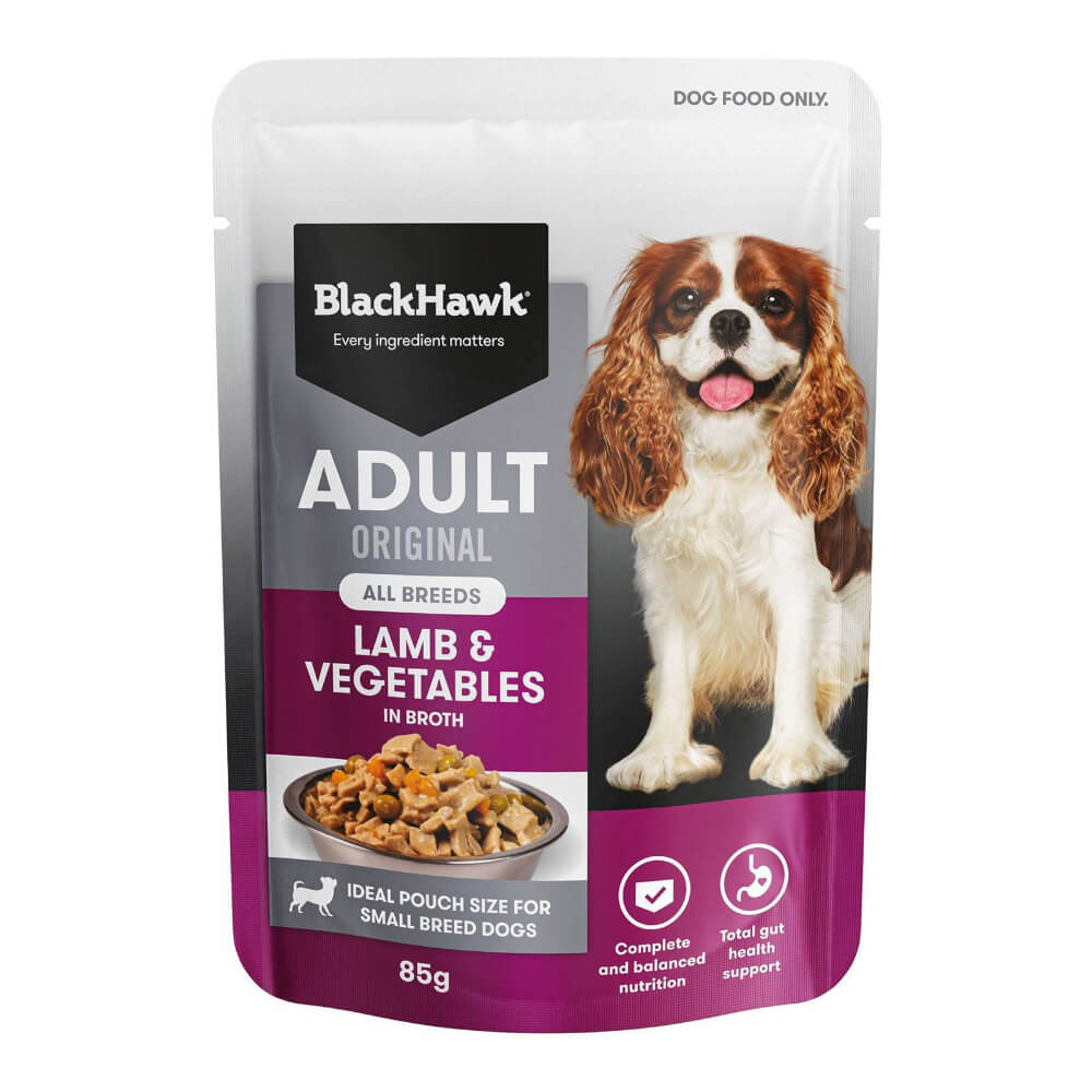 Black Hawk Adult Lamb and Vegetables wet dog food 85g pouch front packaging