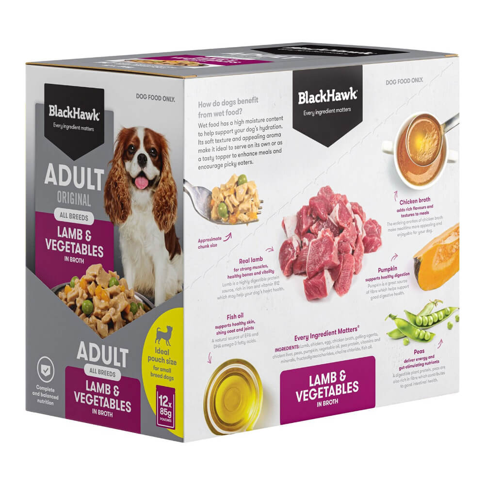Black Hawk Lamb and Vegetables wet dog food 85gx12 box ingredients including lamb pumpkin peas and fish oil
