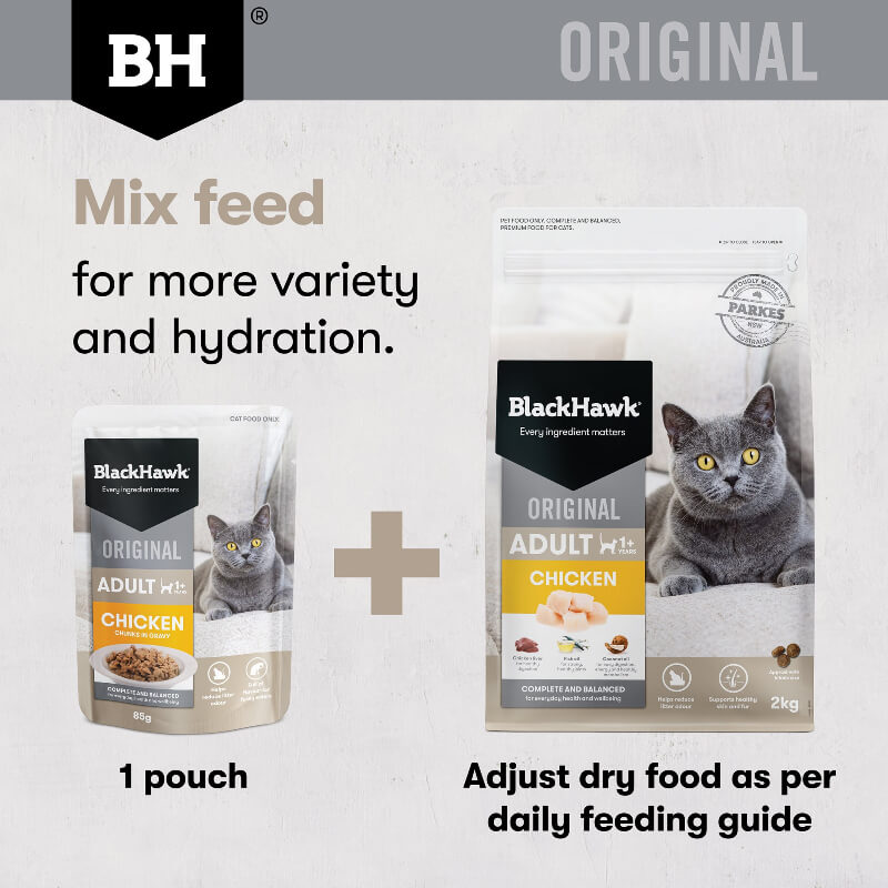 Black Hawk Chicken Gravy Adult Wet Cat Food mix feed with dry cat food for more variety and hydration