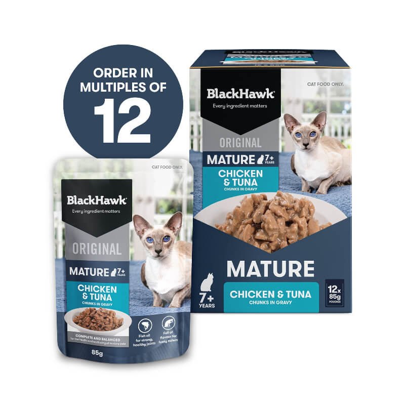 Black Hawk Chicken Tuan Gravy Mature 7+ Wet Cat Food 85gx12 in a box