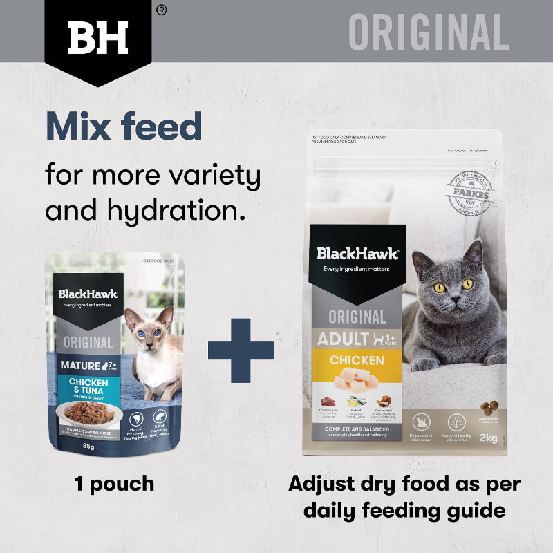 Black Hawk Chicken Tuan Gravy Mature 7+ Wet Cat Food feed both wet and dry food