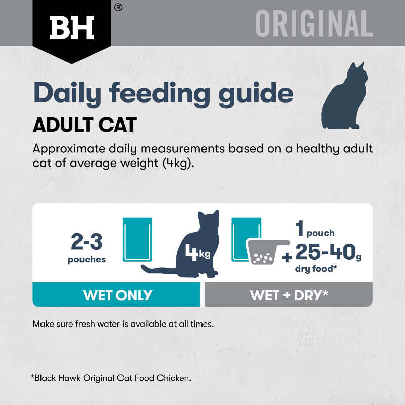Black Hawk Chicken Tuan Gravy Mature 7+ Wet Cat Food feeding guide