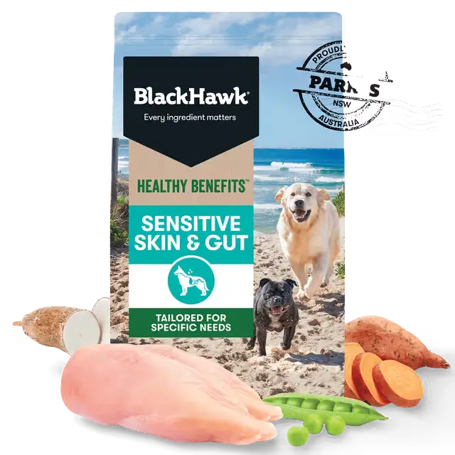 Black Hawk Healthy Benefits Sensitive Skin and Gut dog food with chicken, peas and sweet potato