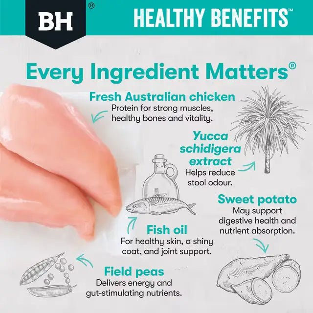 Black Hawk Sensitive Skin and Gut dog food with Australian chicken, fish oil, field peas and sweet potato