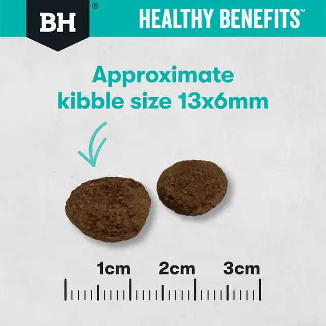 Black Hawk Sensitive Skin and Gut dog food kibble approximately 13 by 6mm