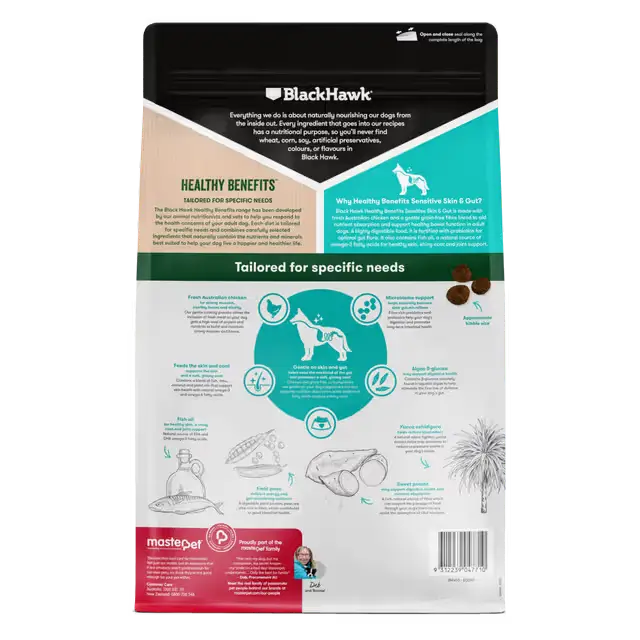 Black Hawk Healthy Benefits Sensitive Skin and Gut dog food packaging back with product information