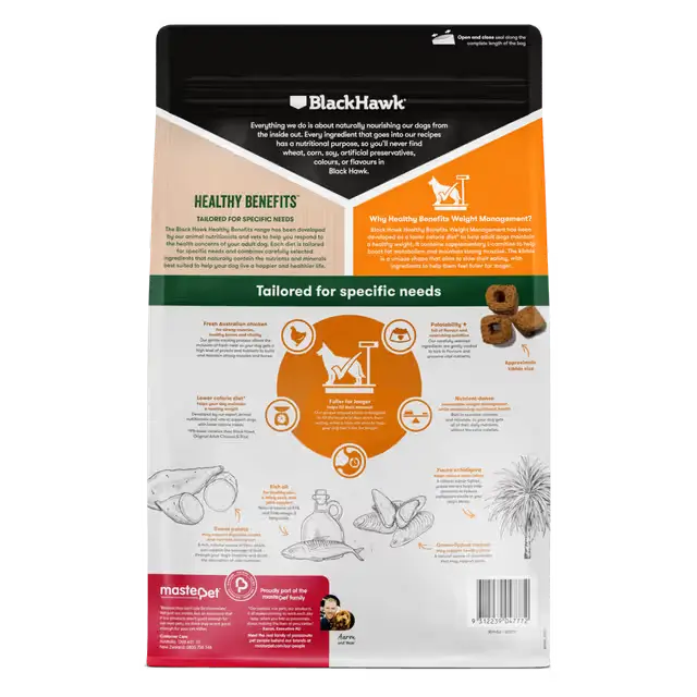 Black Hawk Healthy Benefits Weight Management dog food packaging back with product information