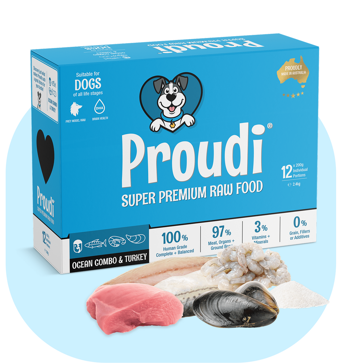 Proudi Ocean Combo & Turkey raw dog food 2.4 kg box (12 x 200 g portions), current packaging