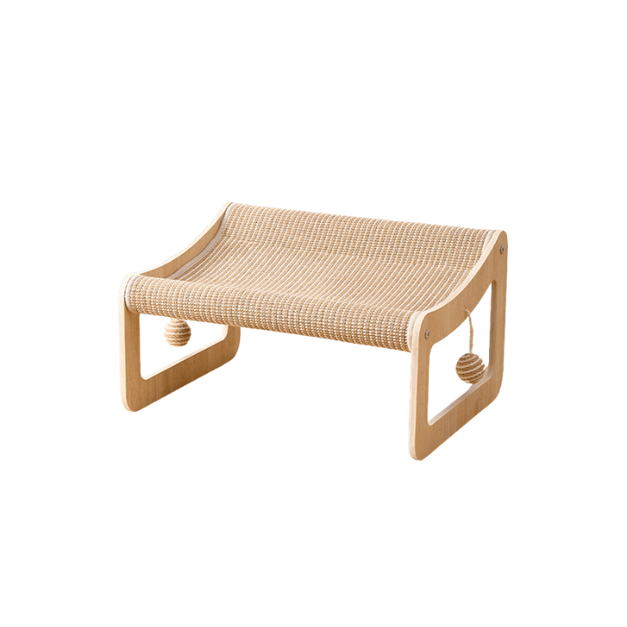 curved sisal cat scratcher bed with hanging toys for indoor cats