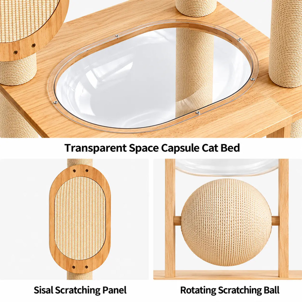 Close-up details of the D01 wooden cat tree showing its transparent capsule bed, natural sisal scratching panel and rotating scratching ball.