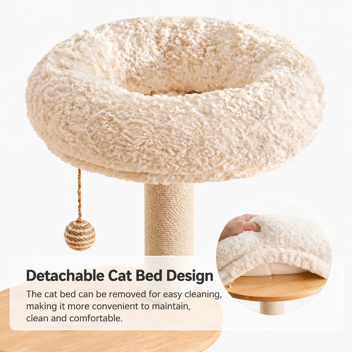 D01 wooden cat tree detachable cream plush top bed with a soft raised rim and hanging toy ball, designed for easy removal and cleaning.