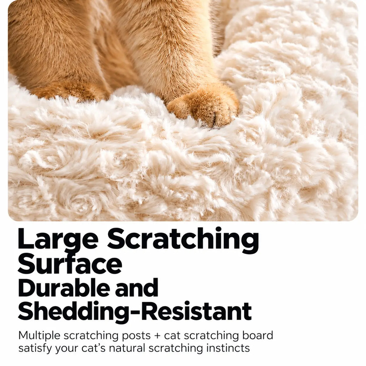 Close-up of the D01 cat tree soft cream plush fabric with a ginger cat's paws, highlighting the textured resting surface.