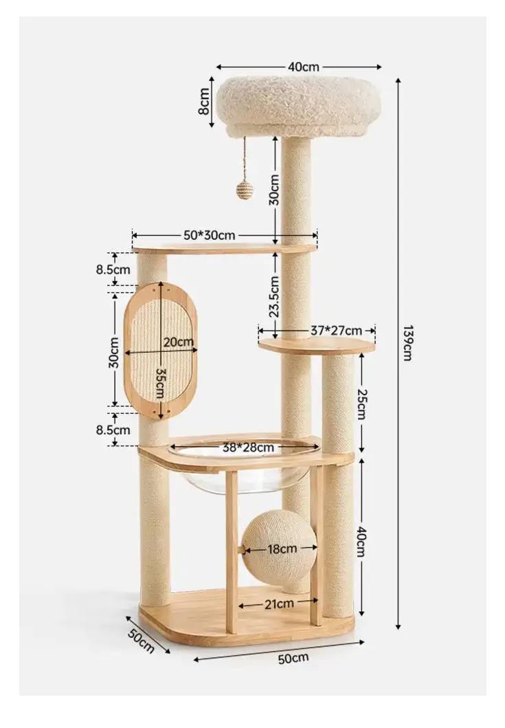 D01 wooden cat tree dimensions showing 139cm overall height, 50 x 50cm base, 40cm plush perch and 38 x 28cm clear capsule bed.