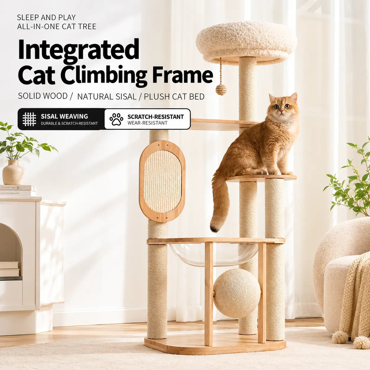 D01 139cm wooden cat tree in a modern living room with a ginger cat sitting on the climbing platform beneath the plush top bed.