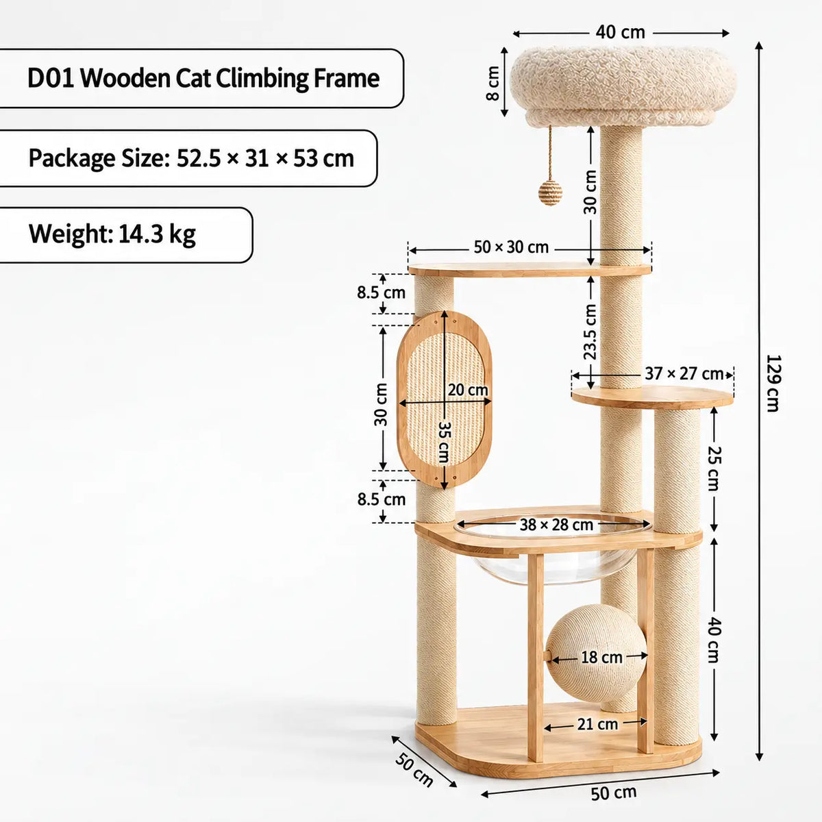 D01 wooden cat tree detailed dimensions showing 139cm height, 50 x 50cm base, 40cm top bed, 18cm scratching ball and 14.3kg product weight.