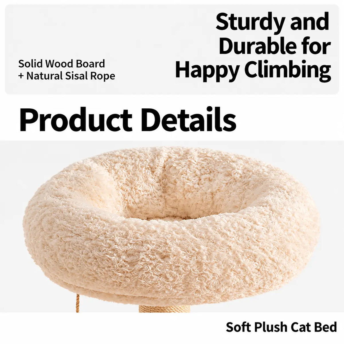 Close-up of the D01 wooden cat tree cream plush top perch with a soft cushioned rim, providing a cosy elevated resting area.