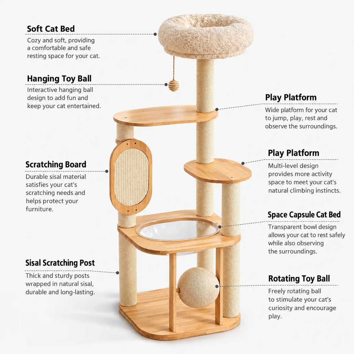 D01 wooden cat tree feature diagram highlighting the plush cat bed, hanging toy, climbing platforms, sisal scratching panel and clear capsule bed.