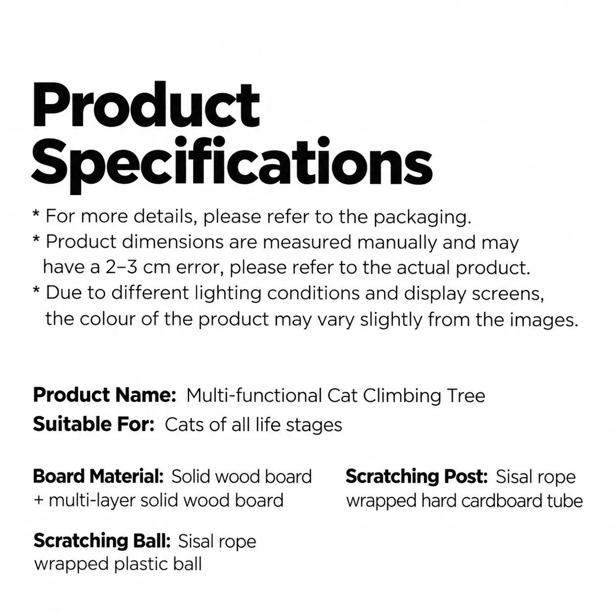 D01 wooden cat tree material specifications showing solid wood and multi-layer boards, sisal rope scratching posts and rotating sisal ball.