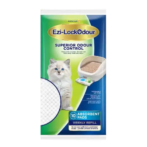 Front packaging of Ezi-LockOdour 10-pack disposable absorbent cat pads for dual layer litter box