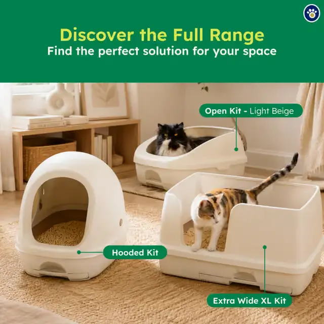 Full range of Ezi-LockOdour litter boxes showing Hooded Kit, Open Kit in light beige, and Extra Wide XL Kit with cats