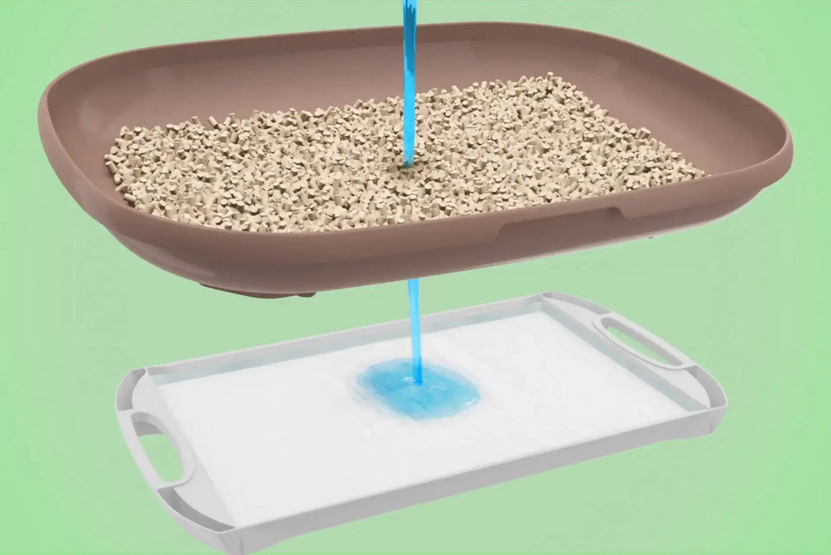 3D diagram showing liquid passing through litter sieve onto an absorbent pad in the bottom slide-out tray