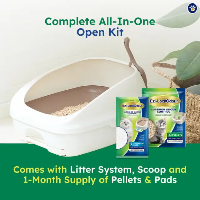 Ezi-LockOdour all-in-one open kit complete with litter box, scoop, zeolite pellets, and absorbent pads