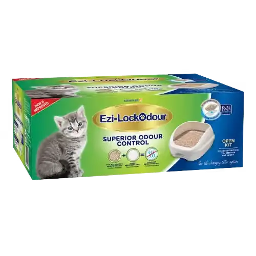 Retail packaging box of Ezi-LockOdour Superior Odour Control Open Cat Litter Kit