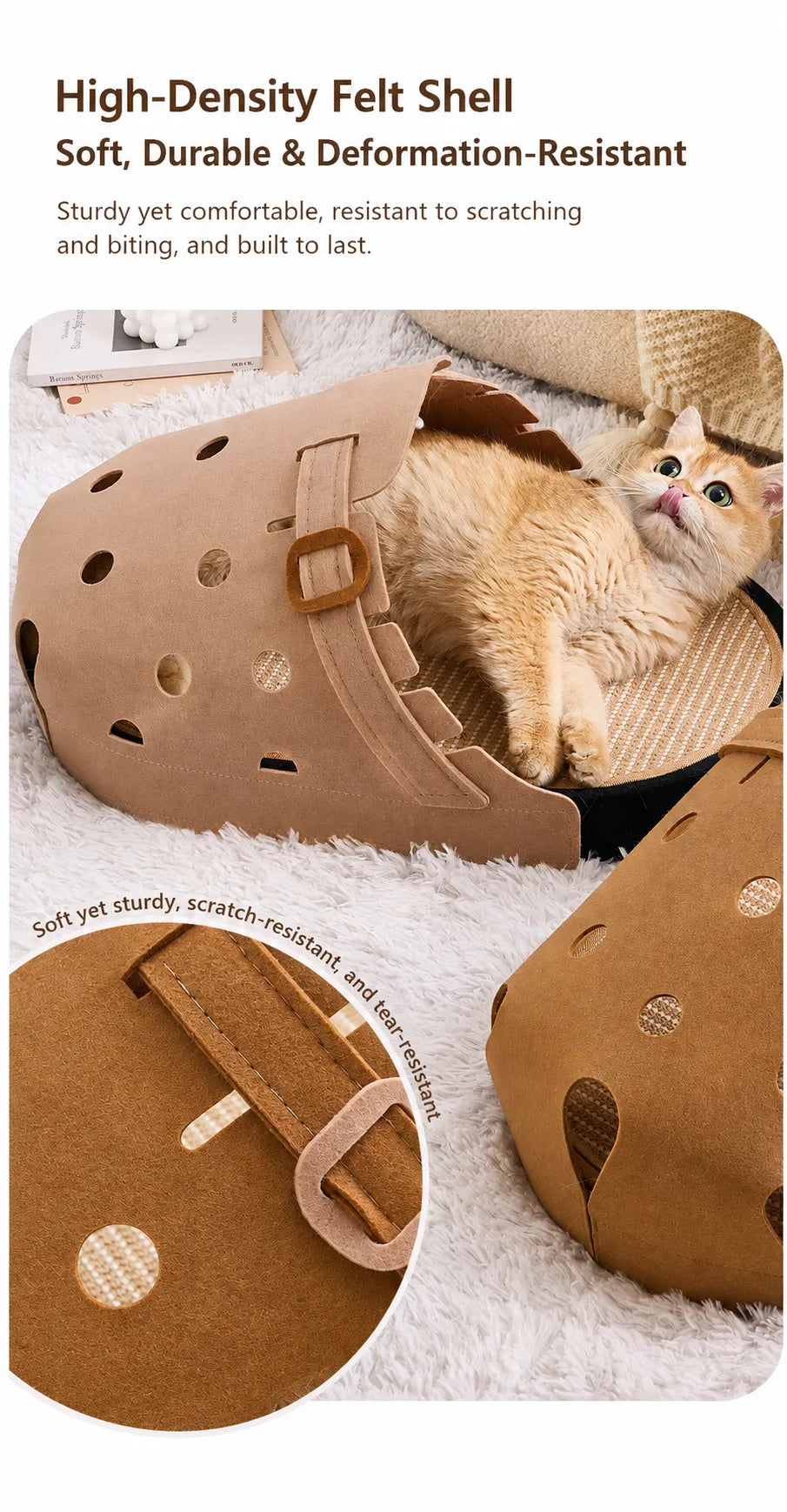 Giant clog slipper cat bed and scratcher with a soft, durable and scratch-resistant high-density felt shell