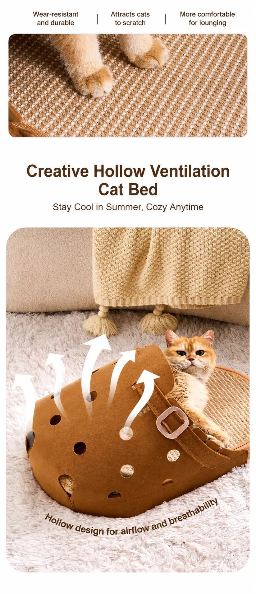 Giant clog slipper cat bed and scratcher with a breathable hollow design and durable woven scratching surface