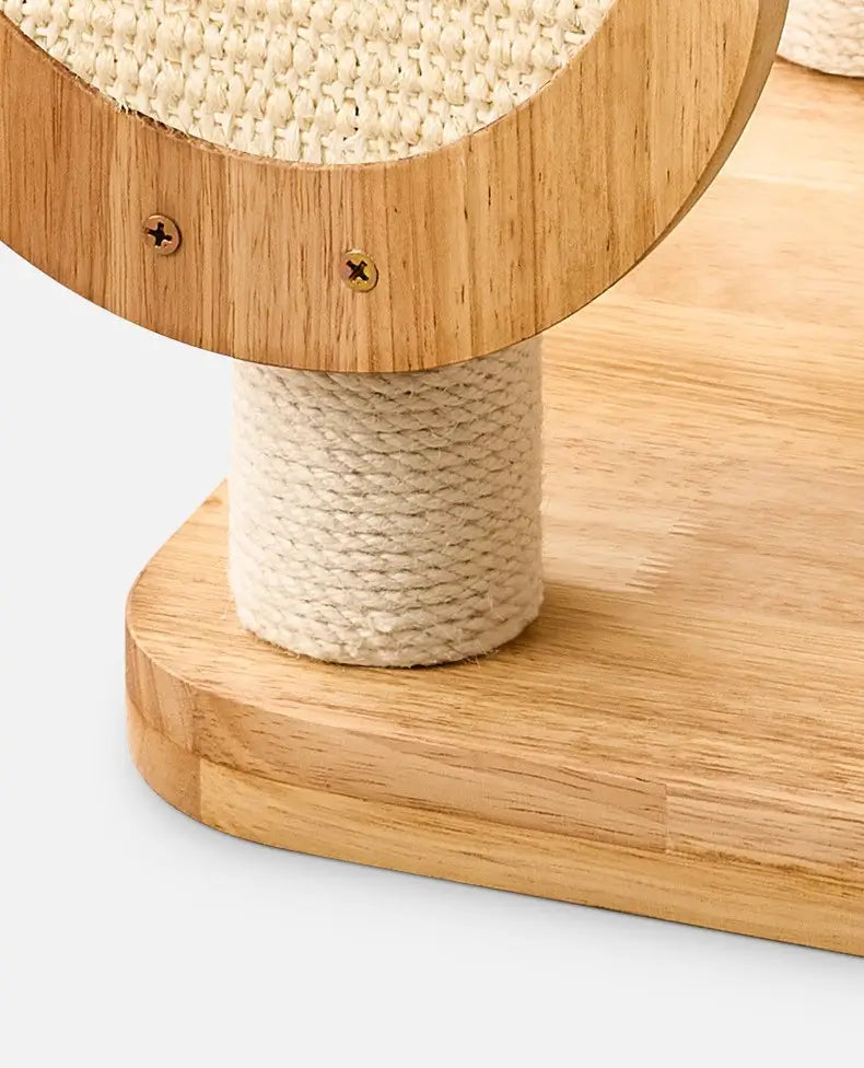 Detailed view of the H02 cat tree double-layer wooden base, reinforced construction and tightly wrapped natural sisal scratching post.