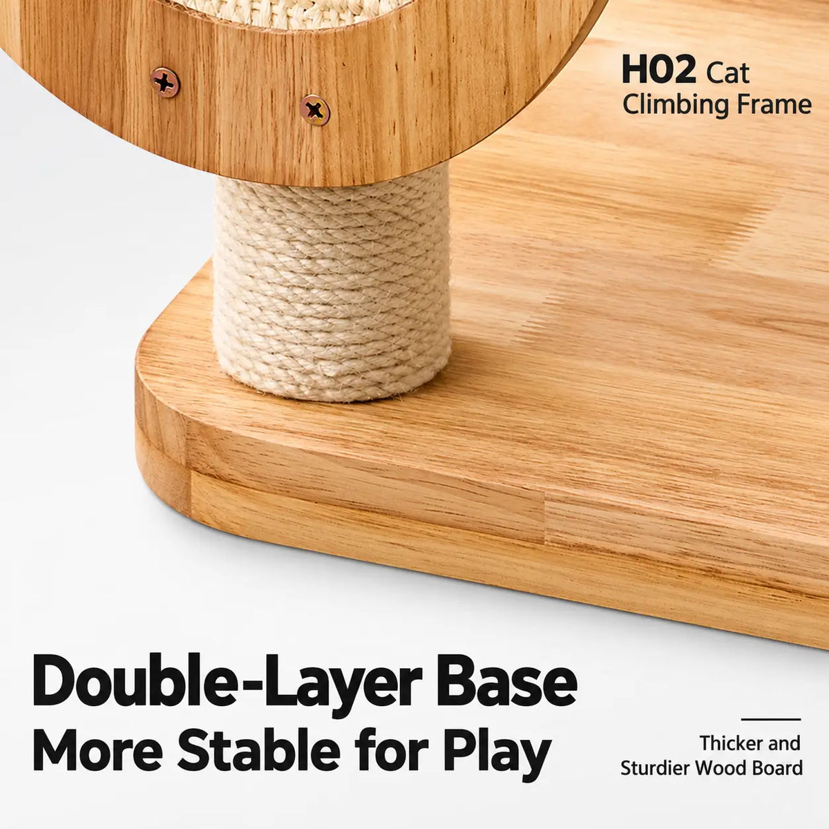 Close-up of the H02 wooden cat tree reinforced double-layer base with thick wooden board and sisal rope wrapped scratching post.