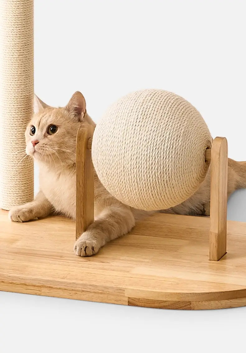 Ginger cat resting beside the H02 wooden cat tree rotating sisal scratching ball on the lower wooden platform.