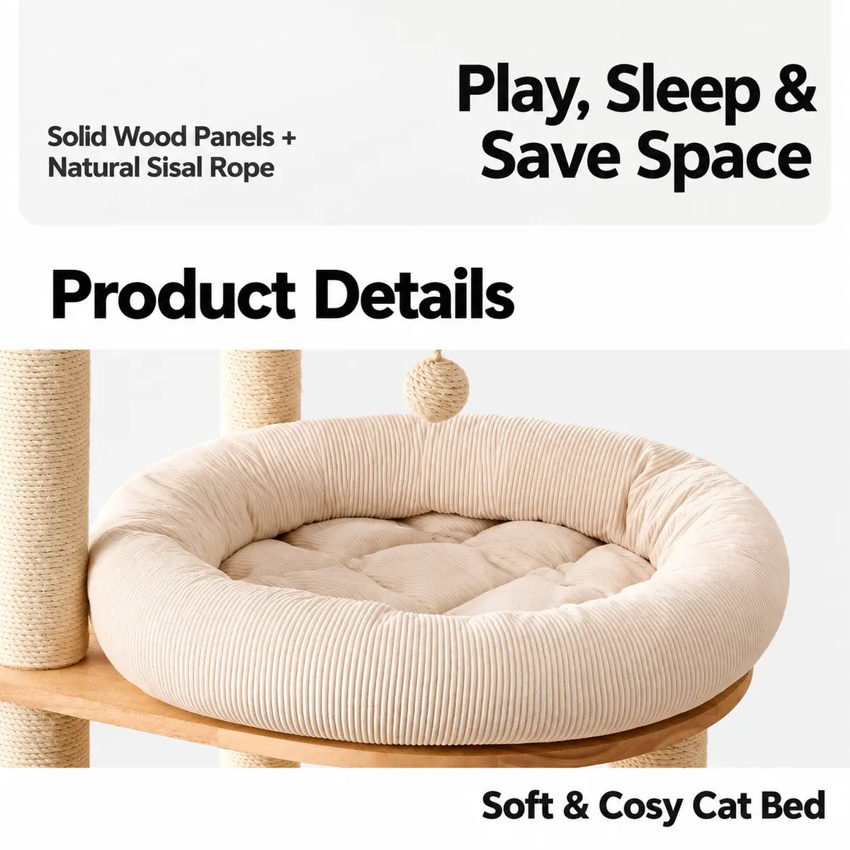 Close-up of the H02 wooden cat tree soft cream plush cat bed with raised cushioned edges and comfortable padded resting surface.