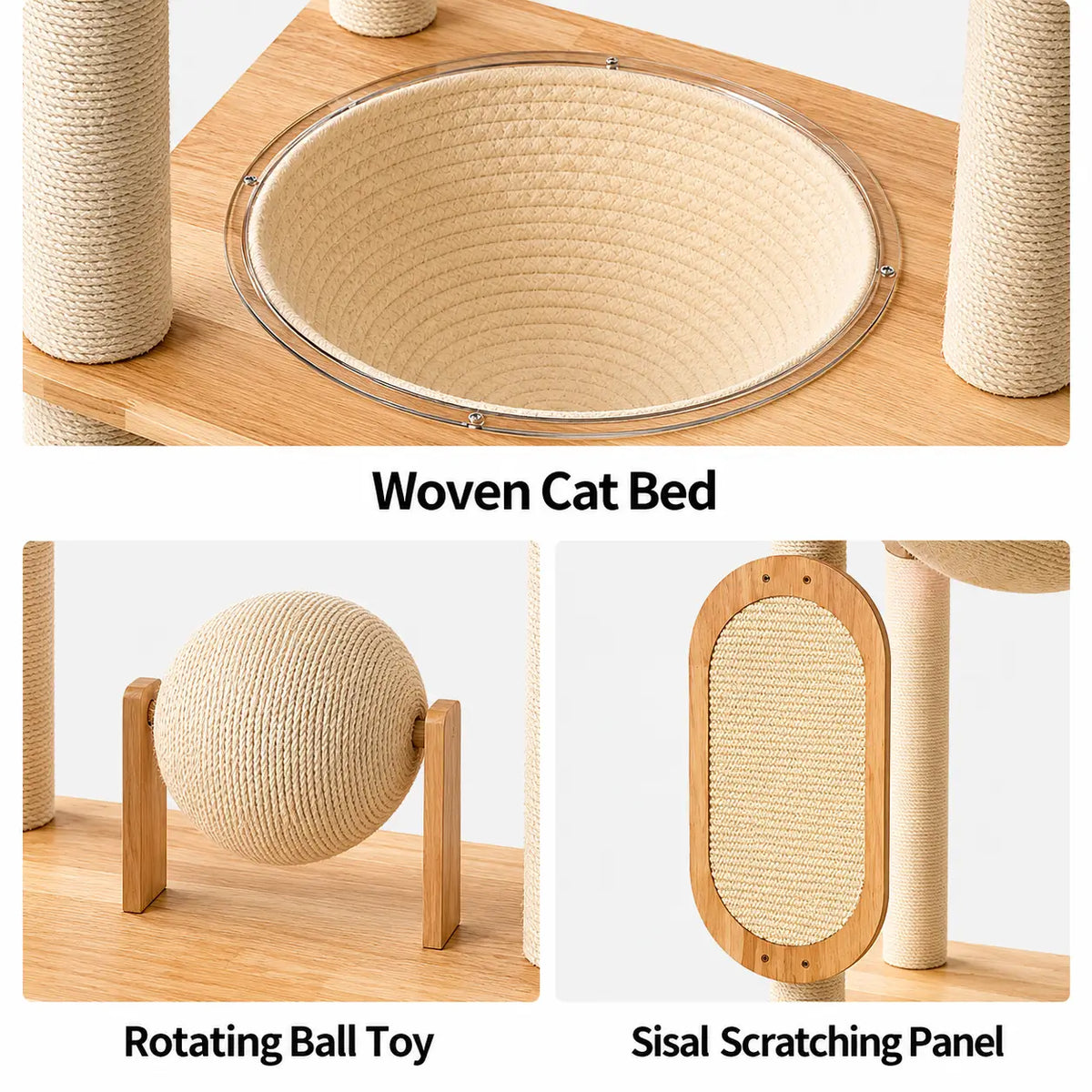 H02 wooden cat tree feature details showing woven cat hammock, rotating sisal scratching ball and vertical scratching board.