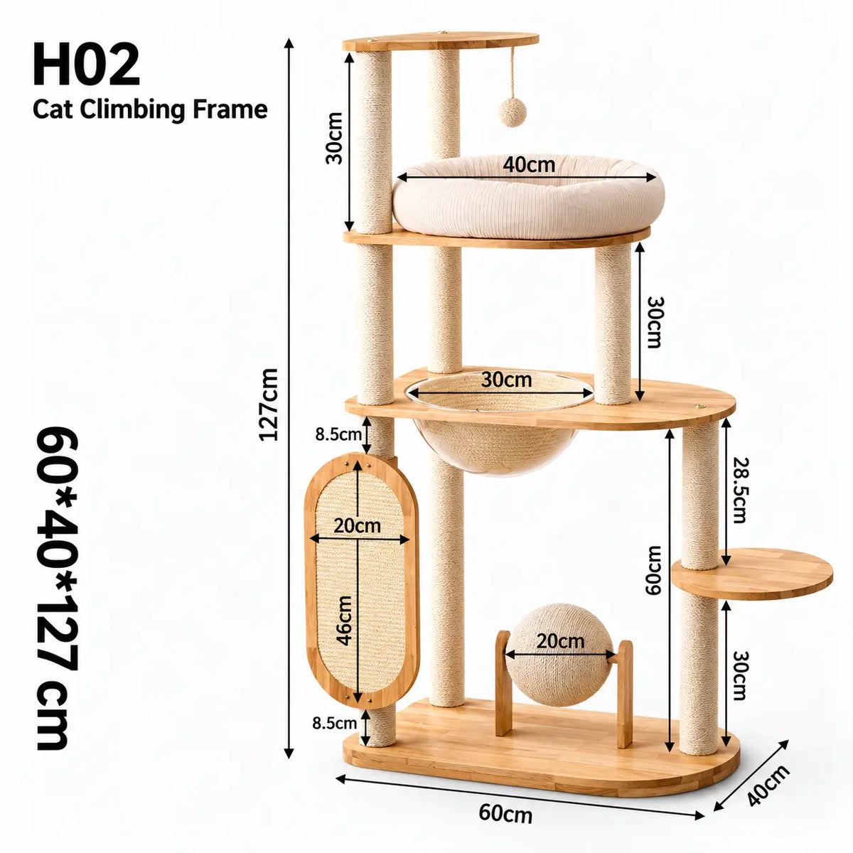 H02 wooden cat tree dimension guide showing 127cm height, 60 x 40cm base, 40cm plush bed, 30cm woven hammock and 20cm scratching ball.