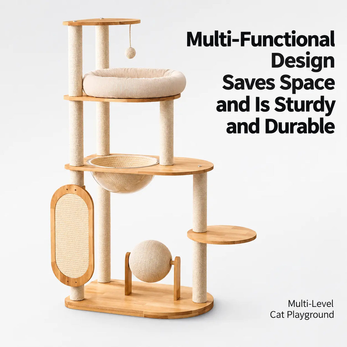H02 127cm wooden cat tree with woven hammock, plush cat bed, sisal scratching posts, rotating scratching ball and multi-level platforms.