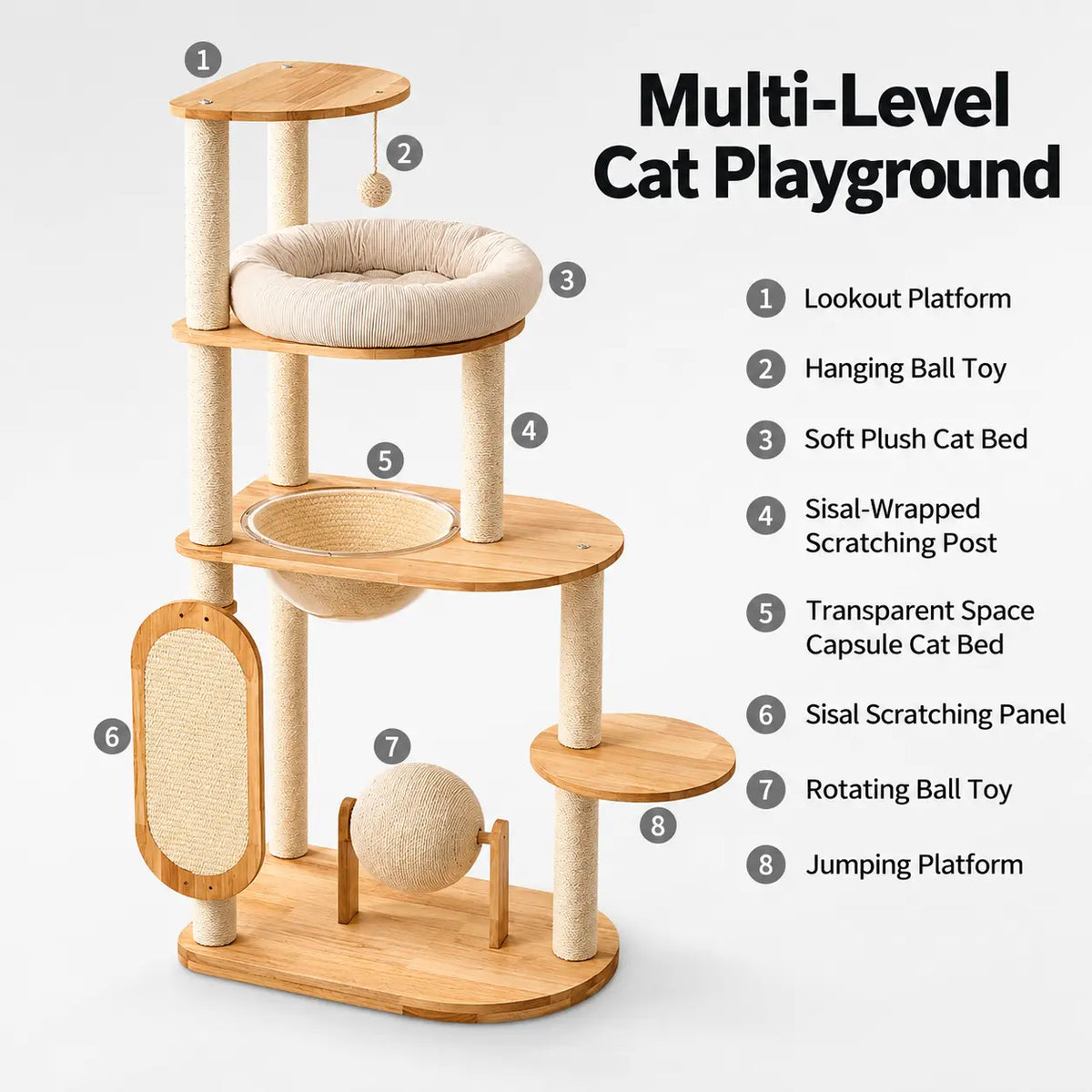 H02 wooden cat tree feature diagram showing elevated lookout platform, hanging toy, soft cat bed, woven hammock, sisal scratching board and rotating ball.