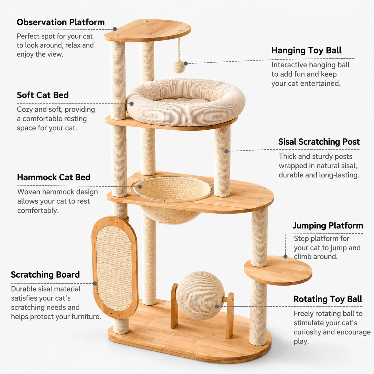 H02 wooden cat tree labelled feature overview showing plush bed, woven hammock, sisal scratching posts, hanging toy and multi-level platforms.