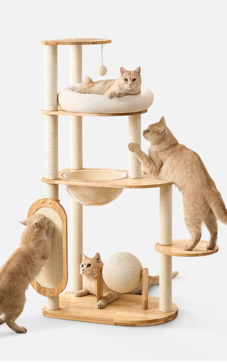Four ginger cats exploring the H02 127cm wooden cat tree with plush top bed, woven hammock, sisal scratching board and rotating ball.