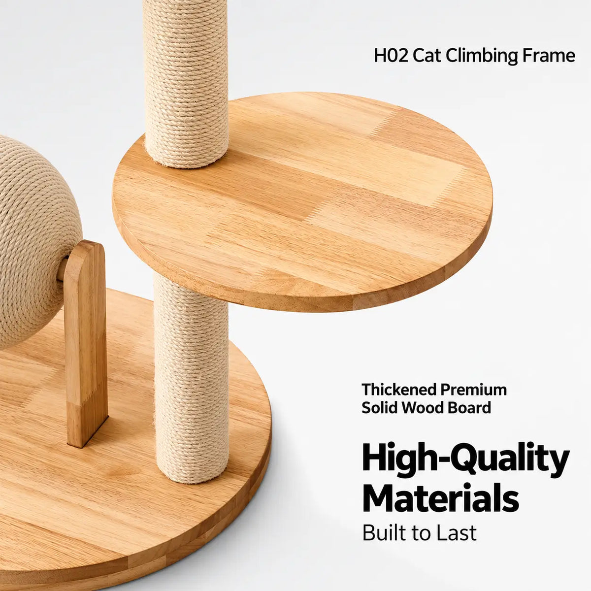 Close-up of the H02 cat tree thick wooden jumping platform supported by a sisal wrapped post for climbing and resting.