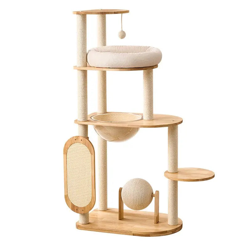 Front view of the H02 127cm wooden cat tree featuring a woven hammock, cream plush cat bed, scratching board and interactive rotating sisal ball.