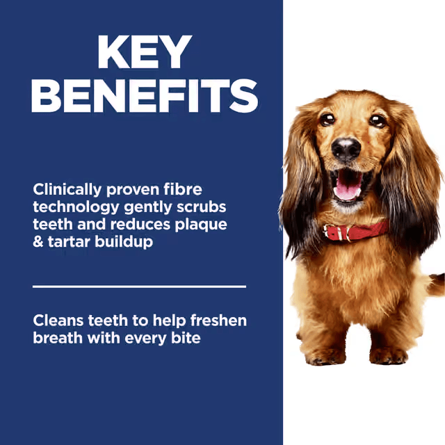 Hill's Adult Oral Care dog food helps clean teeth, reduce plaque and tartar, and freshen breath