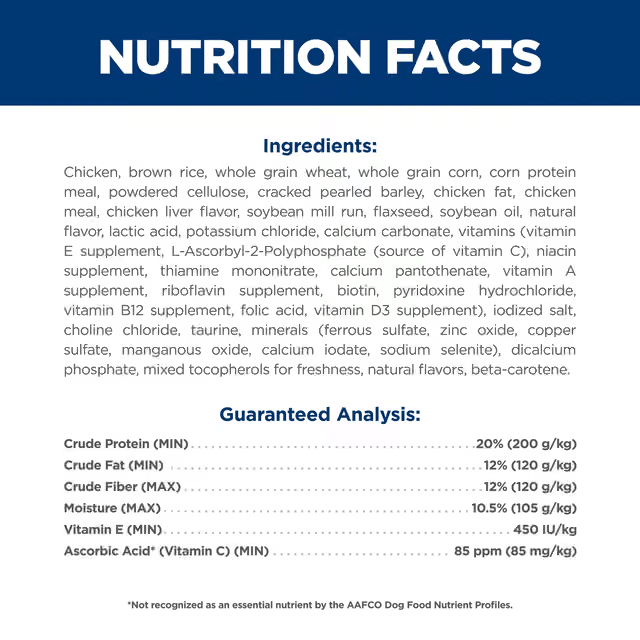 Hill's Adult Oral Care dry dog food ingredients and guaranteed nutritional analysis