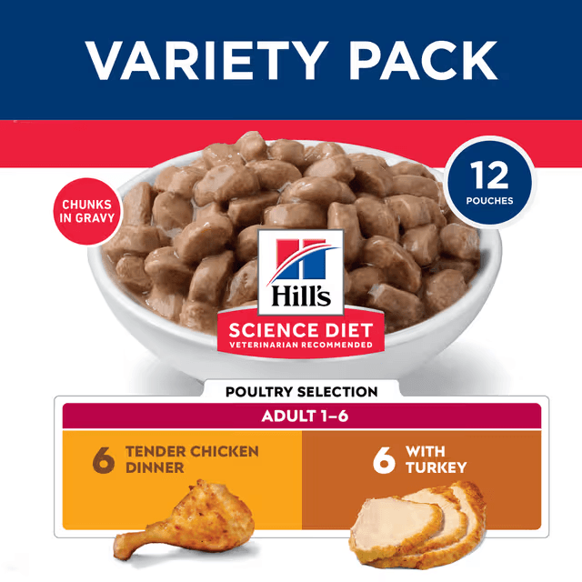 Hill's Science Diet Adult Poultry Selection variety pack with six chicken and six turkey pouches