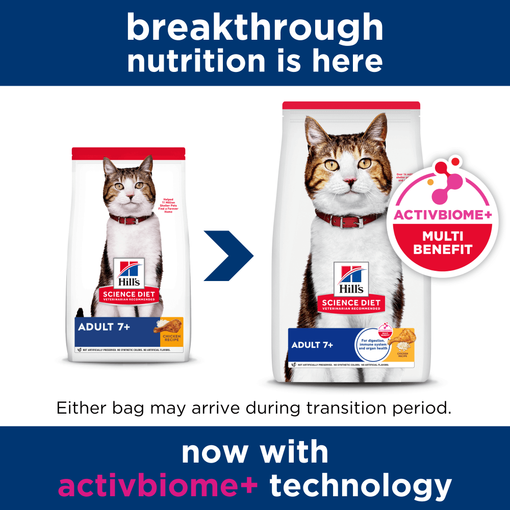 Hill’s Science Diet Adult 7+ Chicken Recipe showing updated packaging with ActivBiome+ multi-benefit technology
