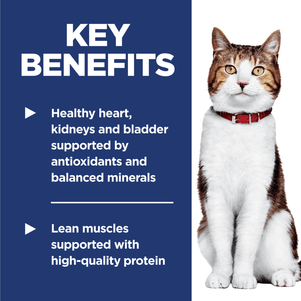Key benefits of Hill’s Science Diet Adult 7+ senior cat food including heart, kidney and muscle support
