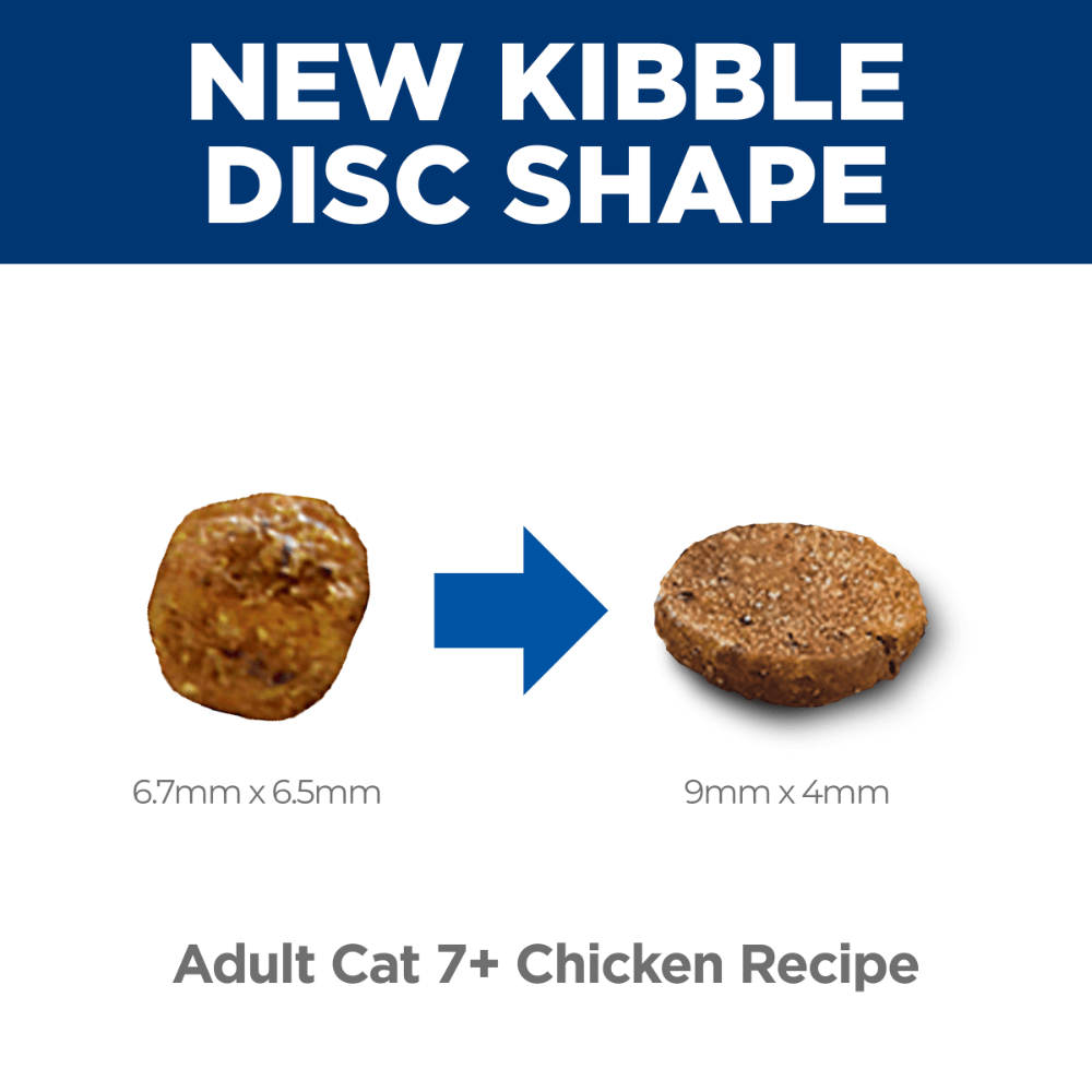 Hill’s Science Diet Adult 7+ senior cat food showing new disc-shaped kibble designed for easier chewing by older cats
