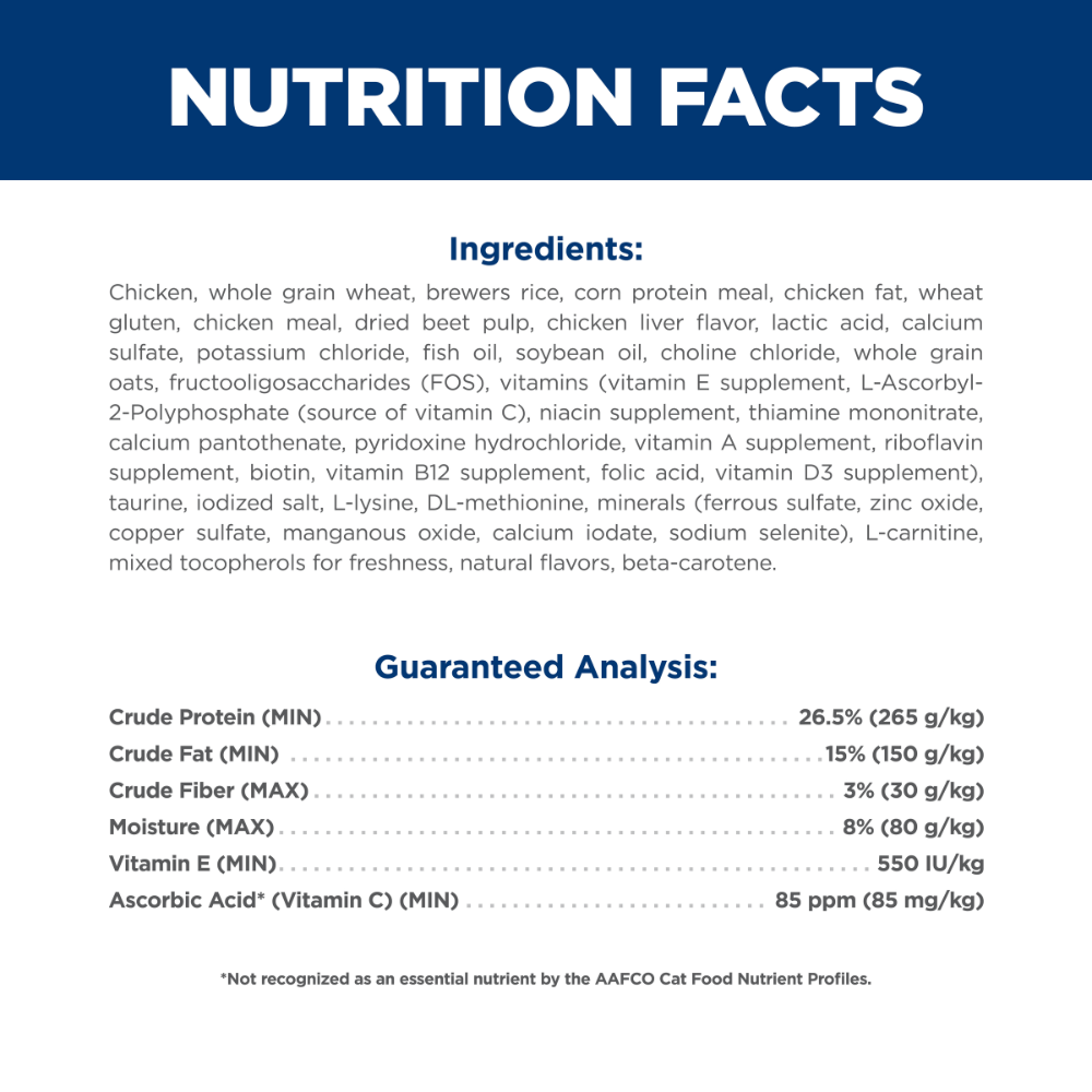 Nutrition facts and guaranteed analysis for Hill’s Science Diet Adult 7+ Chicken Recipe dry cat food
