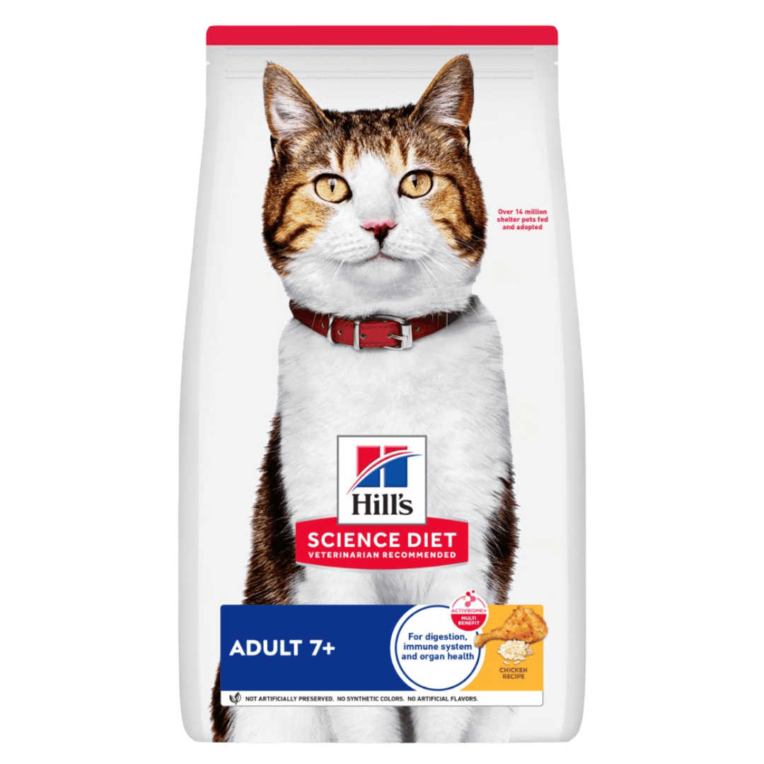 Front of pack Hill’s Science Diet Adult 7+ Chicken Recipe dry cat food for senior cats
