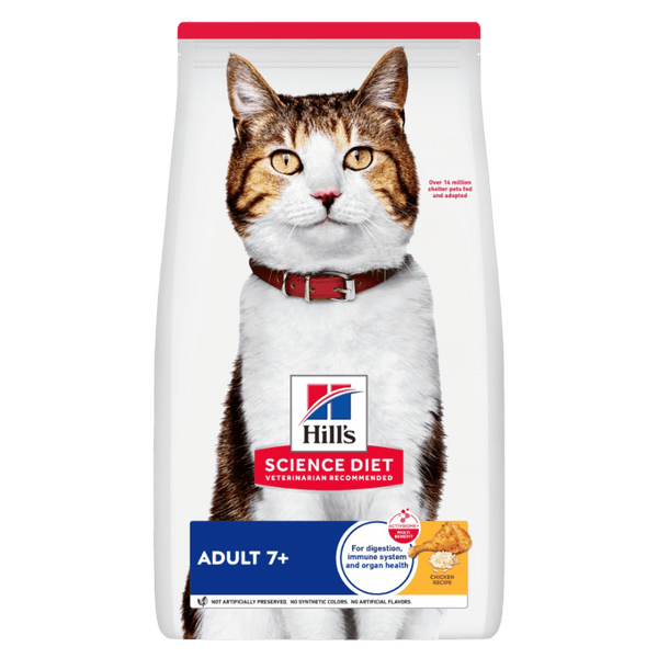Front of pack Hill’s Science Diet Adult 7+ Chicken Recipe dry cat food for senior cats
